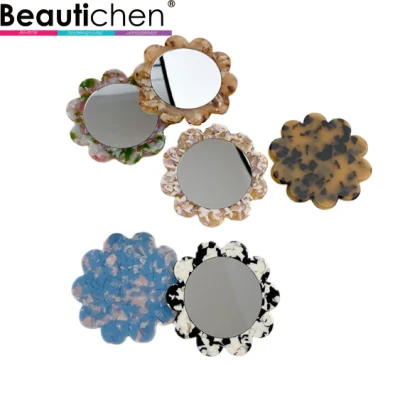 Beautichen Wholesale Portable Acrylic Sun Flower Round Shape Pocket Mirror Acetate Hand Held Make up Mirrors